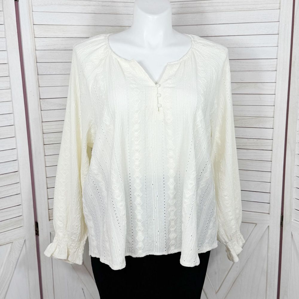 Frye Eyelet‎ Ruffle Cuff Boho Peasant Tunic Blouse Ivory Cream XXL